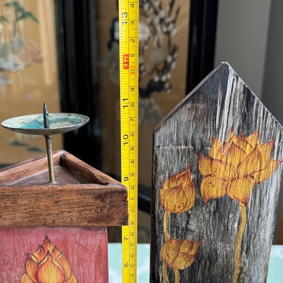 Vintage Rustic Wooden Candle Holders with Buddha and Lotus Design - Picture 9 of 10